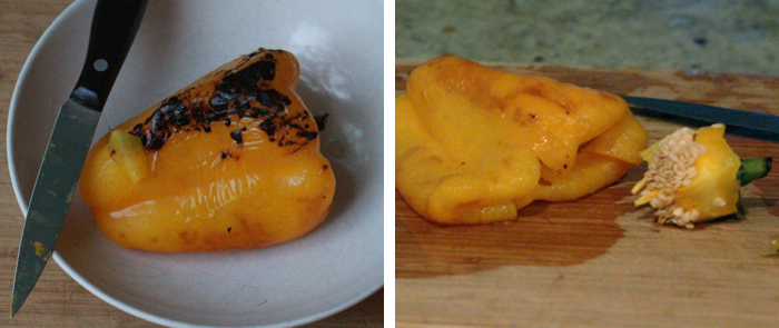 a pepper in a plate being peeled, a pepper with the center taken out