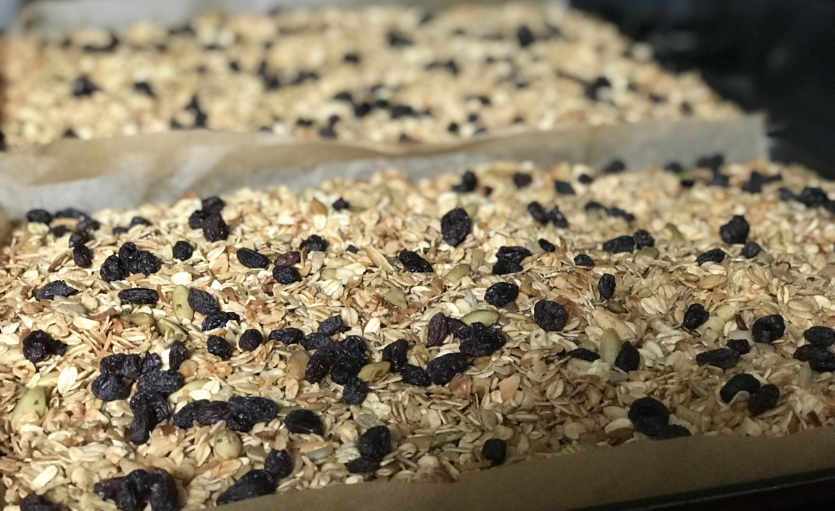 hearty granola on trays